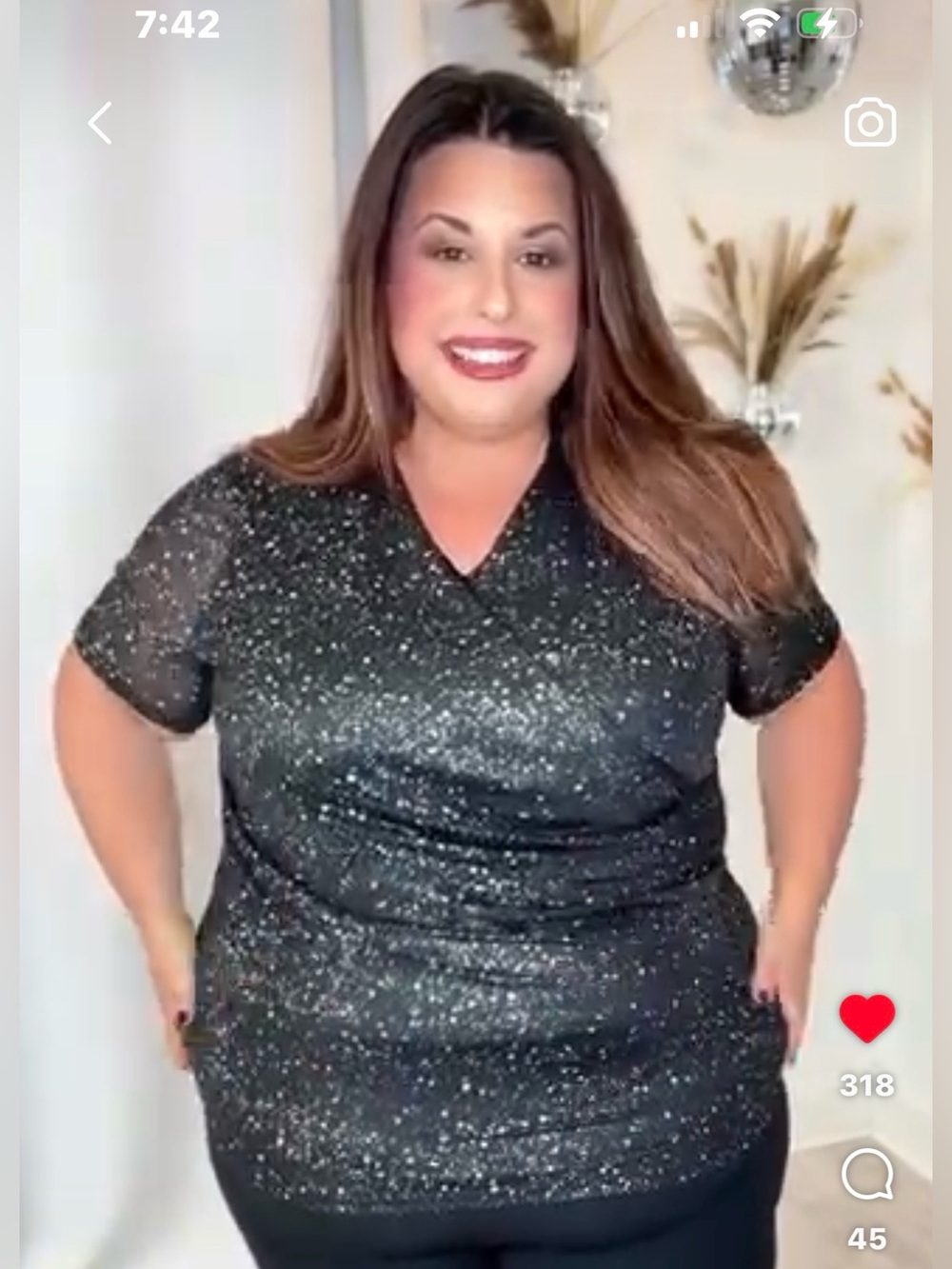 Plus Black Sparkle V-Neck Short Sleeve Top